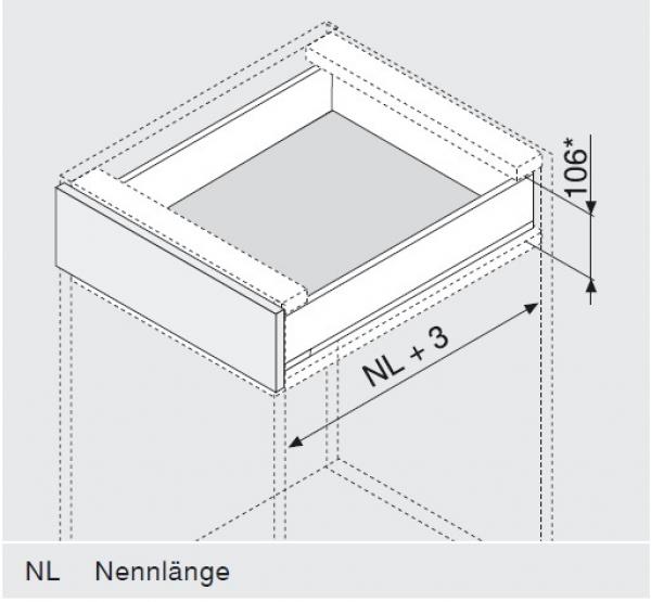 Schubkasten-Bausatz, Legrabox, Zargenhöhe 90 mm, Systemhöhe M, mit Korpusschiene 40/70 kg Blumotion